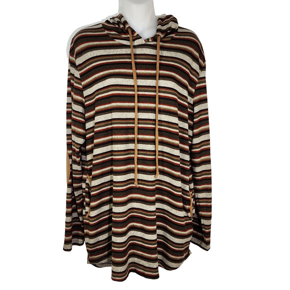 Sunshine & Rodeos Hoodie Women Large Striped Tunic Elbow Patches Pockets Western - Picture 1 of 9